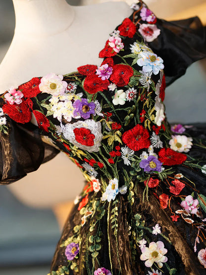 Vestido de fiesta largo de tul negro con flores de encaje, precioso vestido de noche con hombros descubiertos TP349