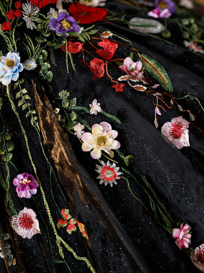 Vestido de fiesta largo de tul negro con flores de encaje, precioso vestido de noche con hombros descubiertos TP349