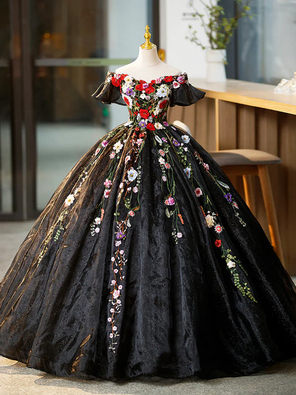 Vestido de fiesta largo de tul negro con flores de encaje, precioso vestido de noche con hombros descubiertos TP349