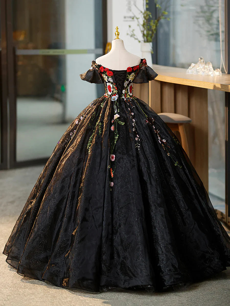 Vestido de fiesta largo de tul negro con flores de encaje, precioso vestido de noche con hombros descubiertos TP349