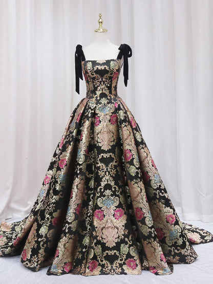 Black Floral Floor Length Prom Dress, A-Line Black Evening Dress  TP350