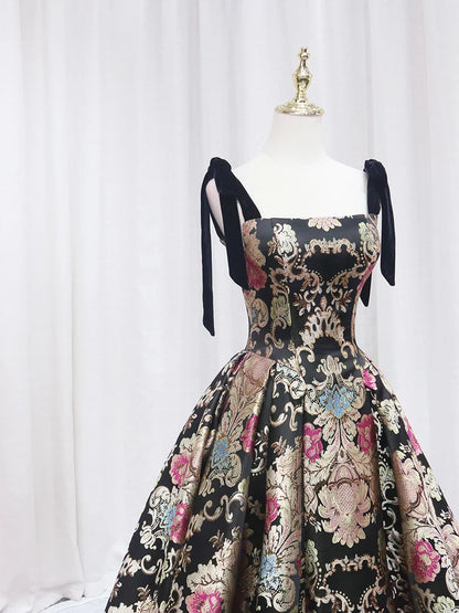 Black Floral Floor Length Prom Dress, A-Line Black Evening Dress  TP350