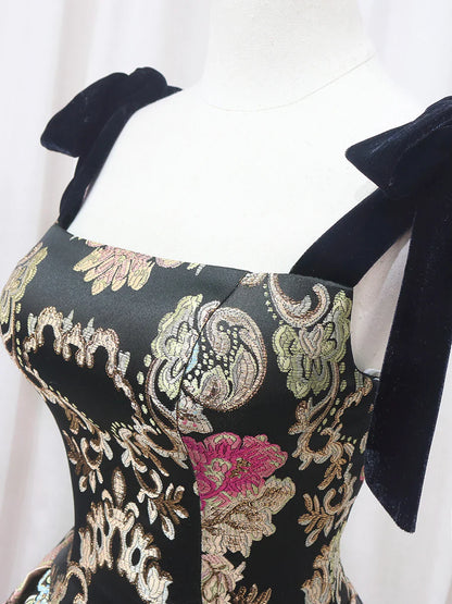 Black Floral Floor Length Prom Dress, A-Line Black Evening Dress  TP350