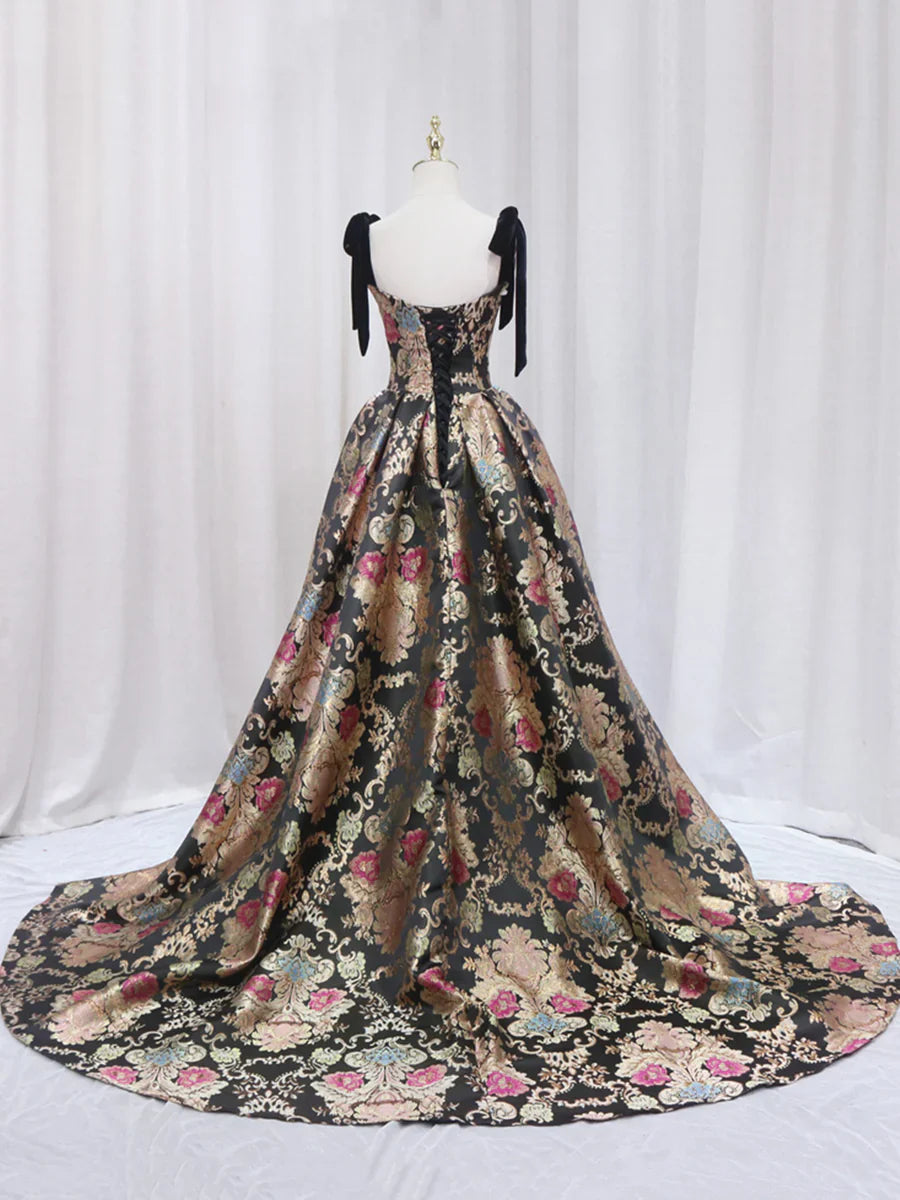 Black Floral Floor Length Prom Dress, A-Line Black Evening Dress  TP350