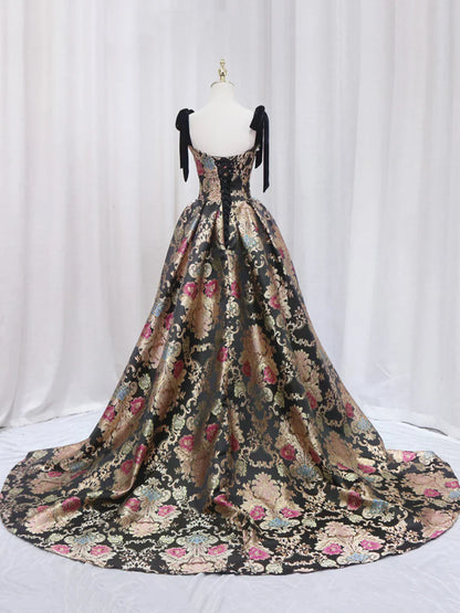 Black Floral Floor Length Prom Dress, A-Line Black Evening Dress  TP350