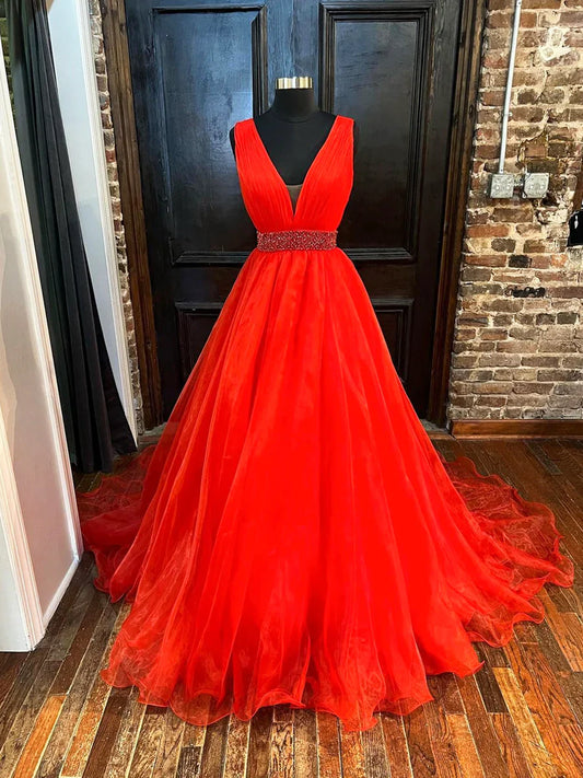 Vestido de fiesta largo de tul rojo con escote en V, vestido de noche rojo de corte A con cuentas TP352