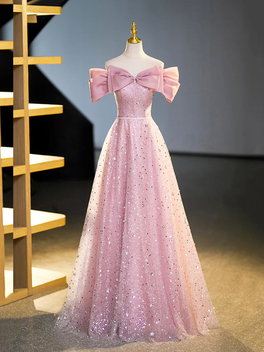 Vestido formal largo hasta el suelo con lentejuelas y hombros descubiertos, hermoso vestido de fiesta rosa TP353