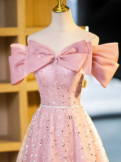 Vestido formal largo hasta el suelo con lentejuelas y hombros descubiertos, hermoso vestido de fiesta rosa TP353