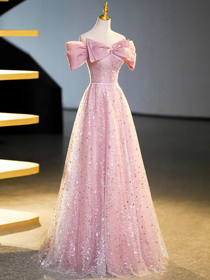 Vestido formal largo hasta el suelo con lentejuelas y hombros descubiertos, hermoso vestido de fiesta rosa TP353