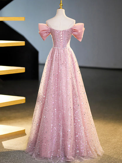 Vestido formal largo hasta el suelo con lentejuelas y hombros descubiertos, hermoso vestido de fiesta rosa TP353