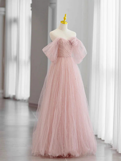 Pink Tulle Long Prom Dress, Beautiful A-Line Off Shoulder Evening Dress  TP354