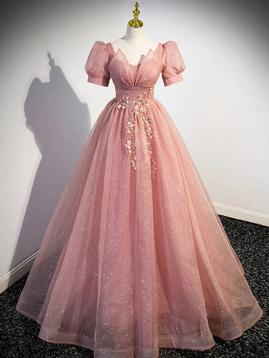 Hermoso vestido de fiesta de tul rosa con mangas cortas, corte A, TP355