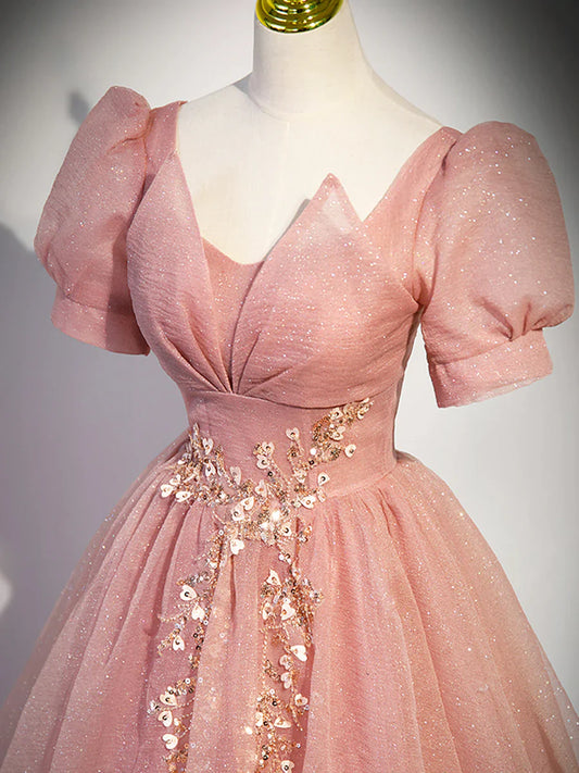 Hermoso vestido de fiesta de tul rosa con mangas cortas, corte A, TP355
