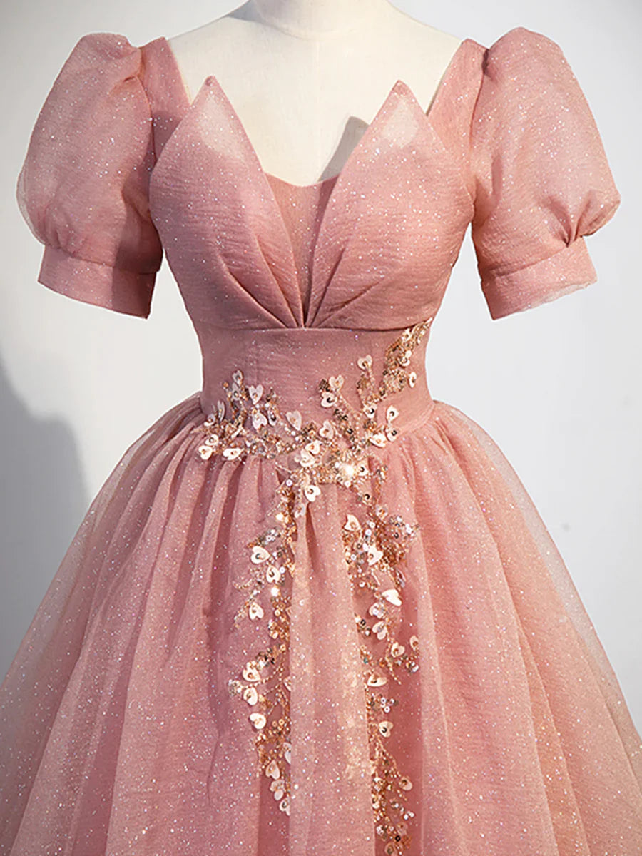 Hermoso vestido de fiesta de tul rosa con mangas cortas, corte A, TP355