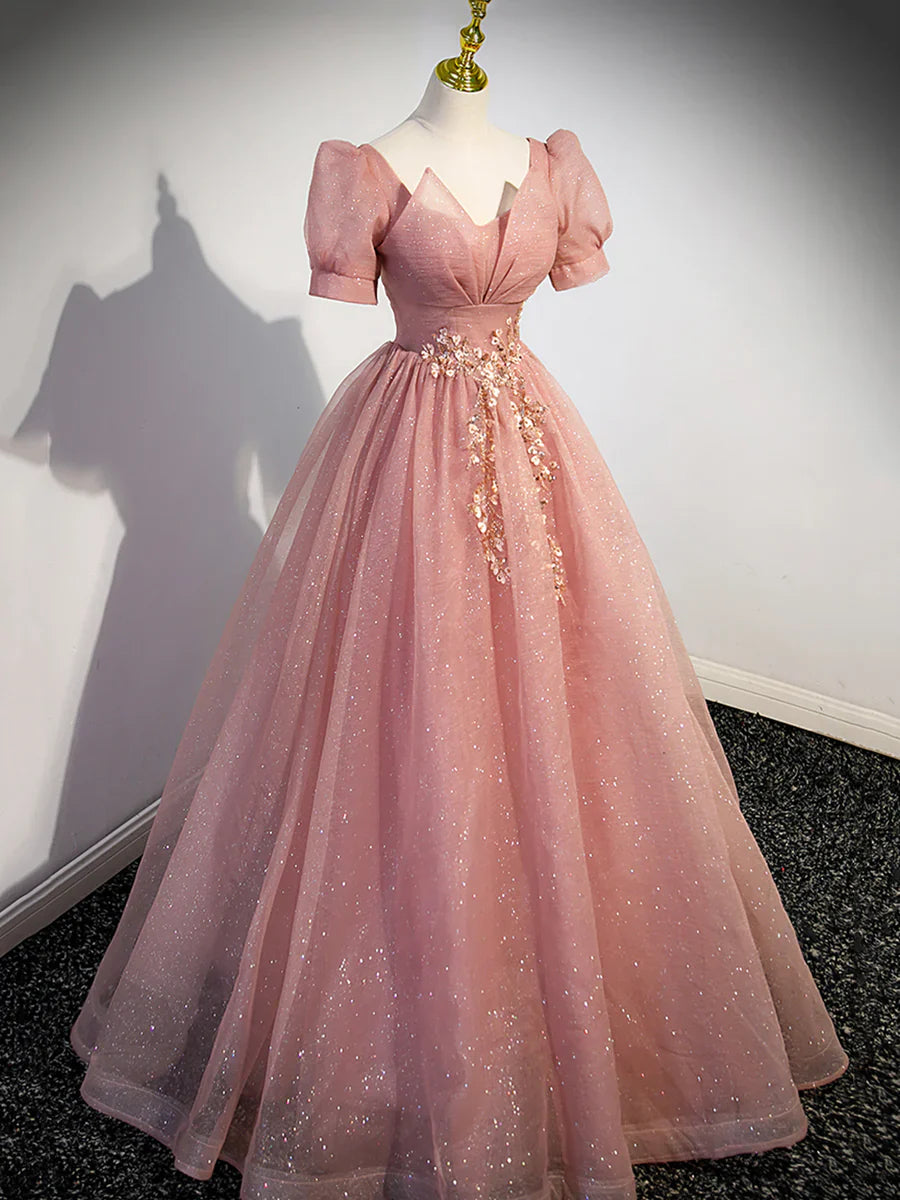 Hermoso vestido de fiesta de tul rosa con mangas cortas, corte A, TP355