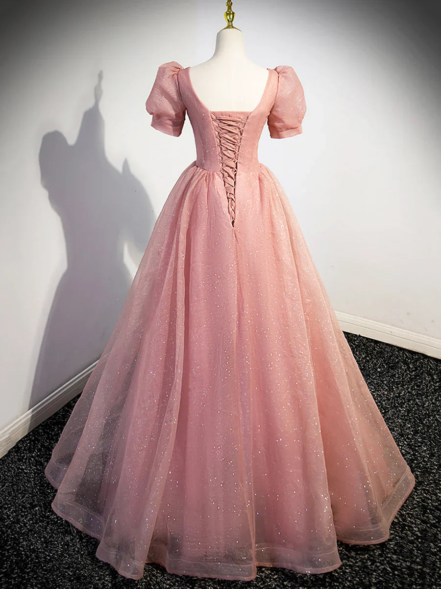 Hermoso vestido de fiesta de tul rosa con mangas cortas, corte A, TP355