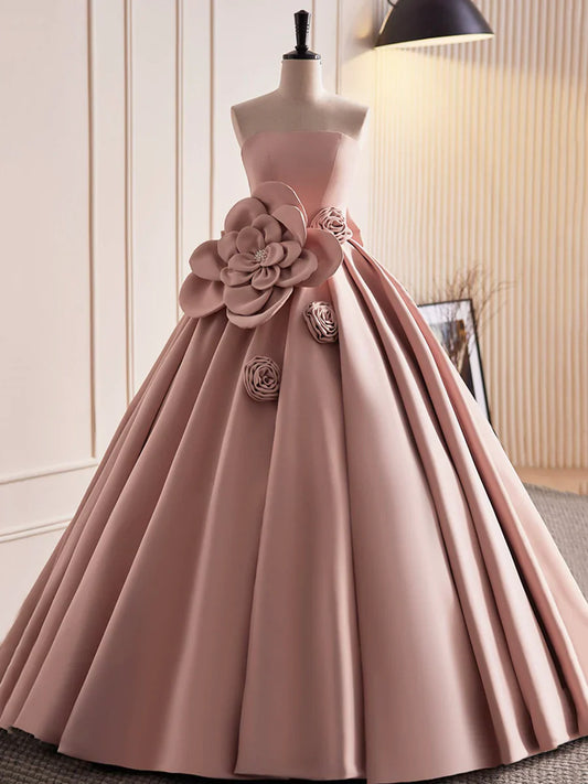 Vestido de fiesta largo de satén rosa sin tirantes, precioso vestido de noche de corte A TP357