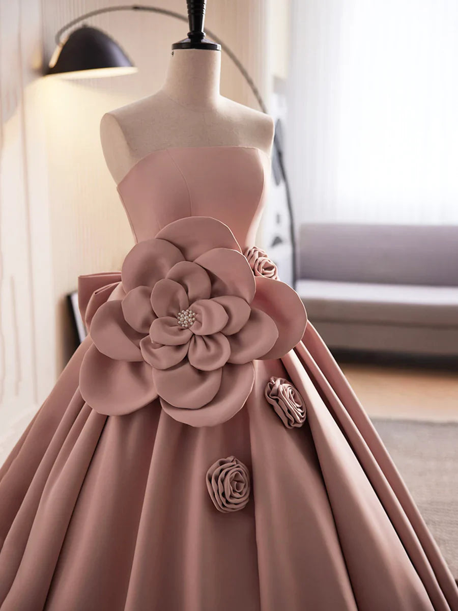 Vestido de fiesta largo de satén rosa sin tirantes, precioso vestido de noche de corte A TP357