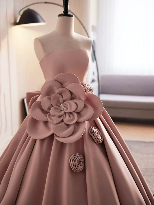 Vestido de fiesta largo de satén rosa sin tirantes, precioso vestido de noche de corte A TP357