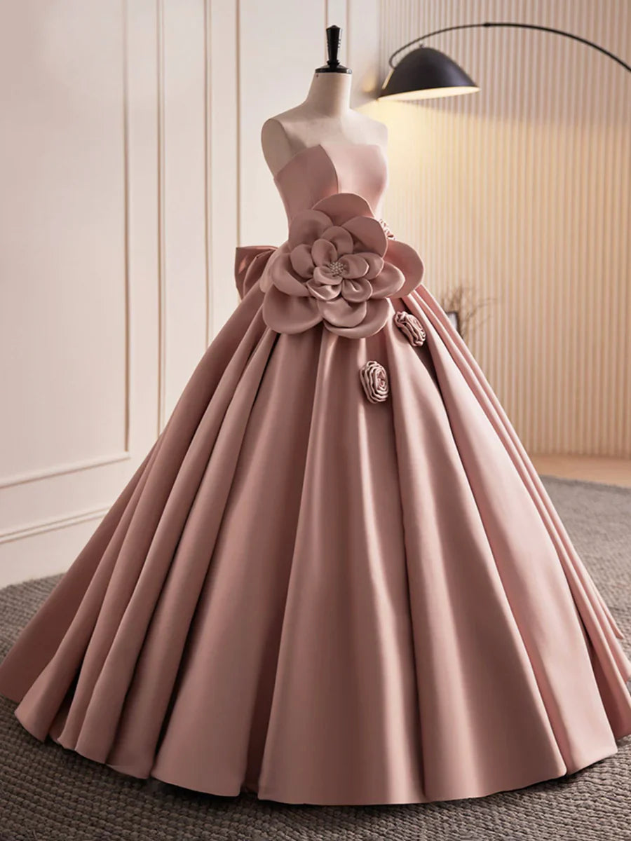 Vestido de fiesta largo de satén rosa sin tirantes, precioso vestido de noche de corte A TP357