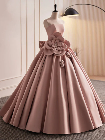 Vestido de fiesta largo de satén rosa sin tirantes, precioso vestido de noche de corte A TP357