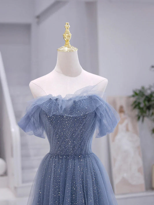 Blue Strapless Tulle Long Prom Dress, Blue A-Line Evening Dress  TP358