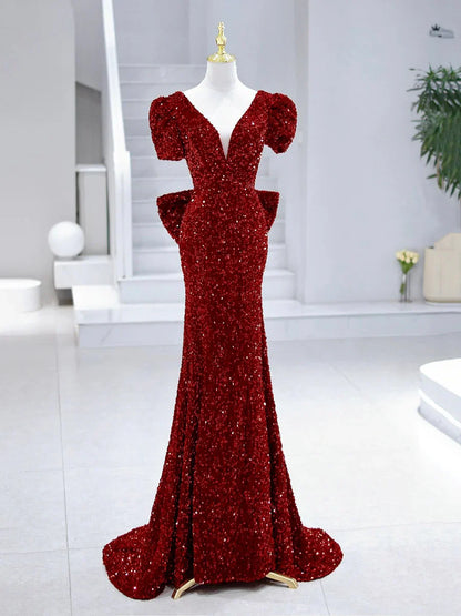 Vestido de fiesta largo de sirena con lentejuelas, vestido de noche burdeos con escote en V TP360