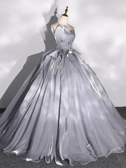 Gray Strapless Tulle Long Ball Gown, A-Line Evening Dress Formal Dress  TP365
