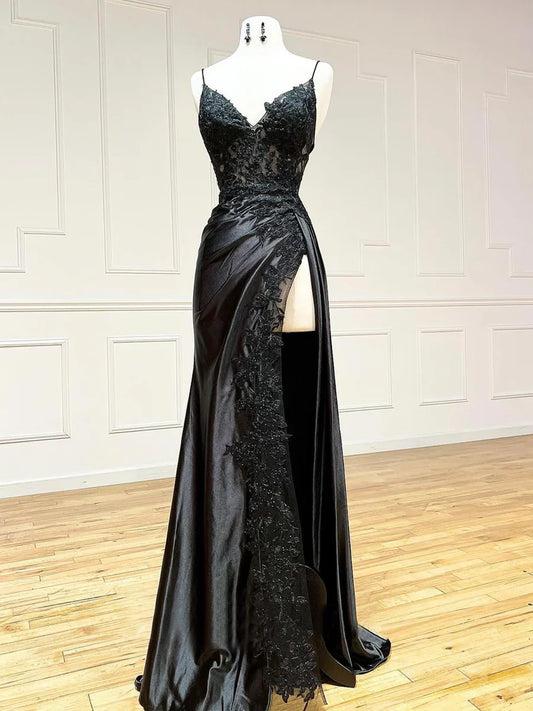 Black V-Neck Satin Lace Long Prom Dress, Black Spaghetti Strap Evening Dress with Slit  TP366
