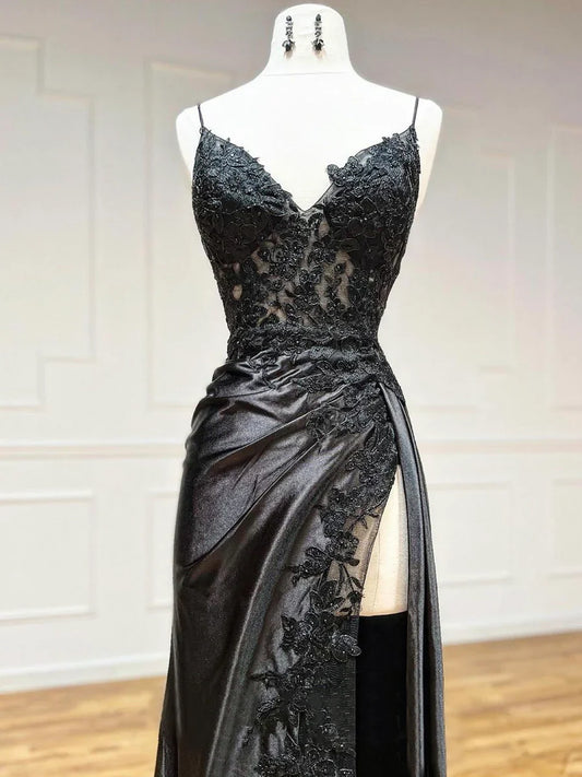 Black V-Neck Satin Lace Long Prom Dress, Black Spaghetti Strap Evening Dress with Slit  TP366