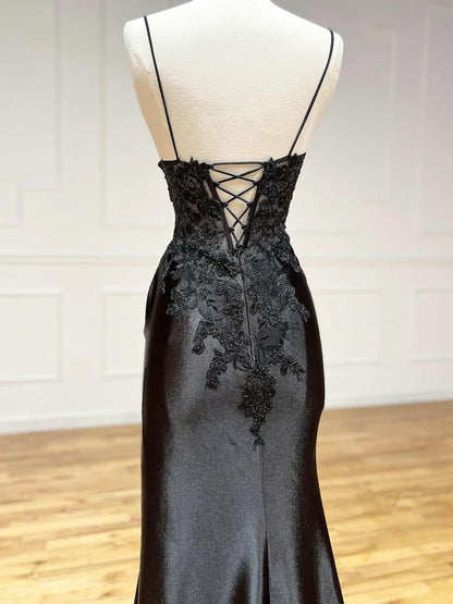 Black V-Neck Satin Lace Long Prom Dress, Black Spaghetti Strap Evening Dress with Slit  TP366