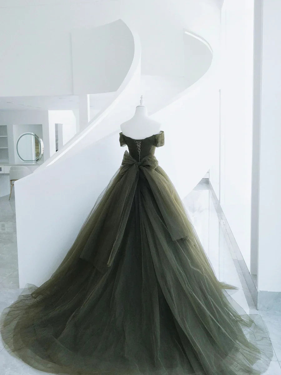 Green Tulle Long Prom Dress, A-Line Off Shoulder Evening Dress  TP367