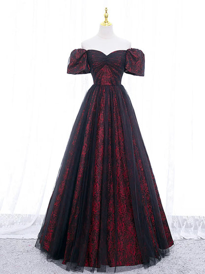 Vestido de fiesta de tul negro con corte en A y estampado de rosas, vestido de noche negro con hombros descubiertos TP368