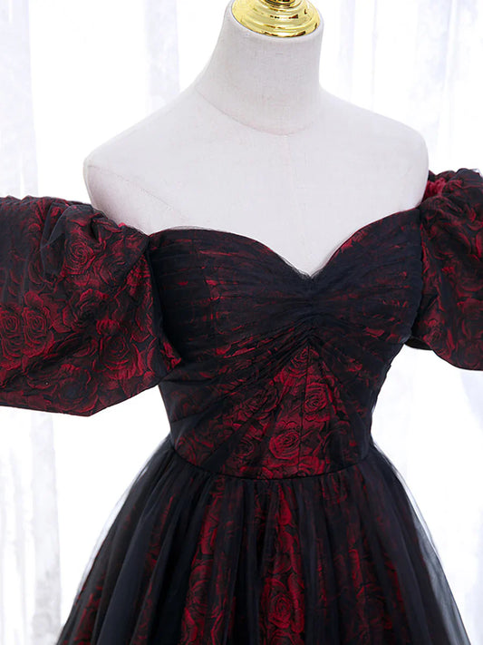 Vestido de fiesta de tul negro con corte en A y estampado de rosas, vestido de noche negro con hombros descubiertos TP368