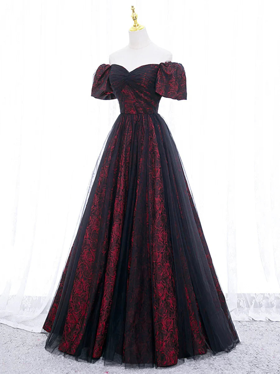 Vestido de fiesta de tul negro con corte en A y estampado de rosas, vestido de noche negro con hombros descubiertos TP368