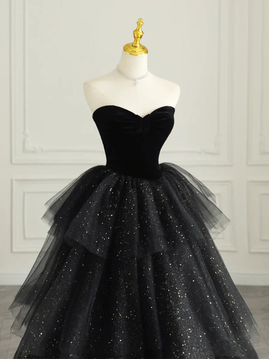 Black Strapless Tulle Formal Dress with Velvet, A-Line Sweetheart Neck Long Prom Dress  TP369