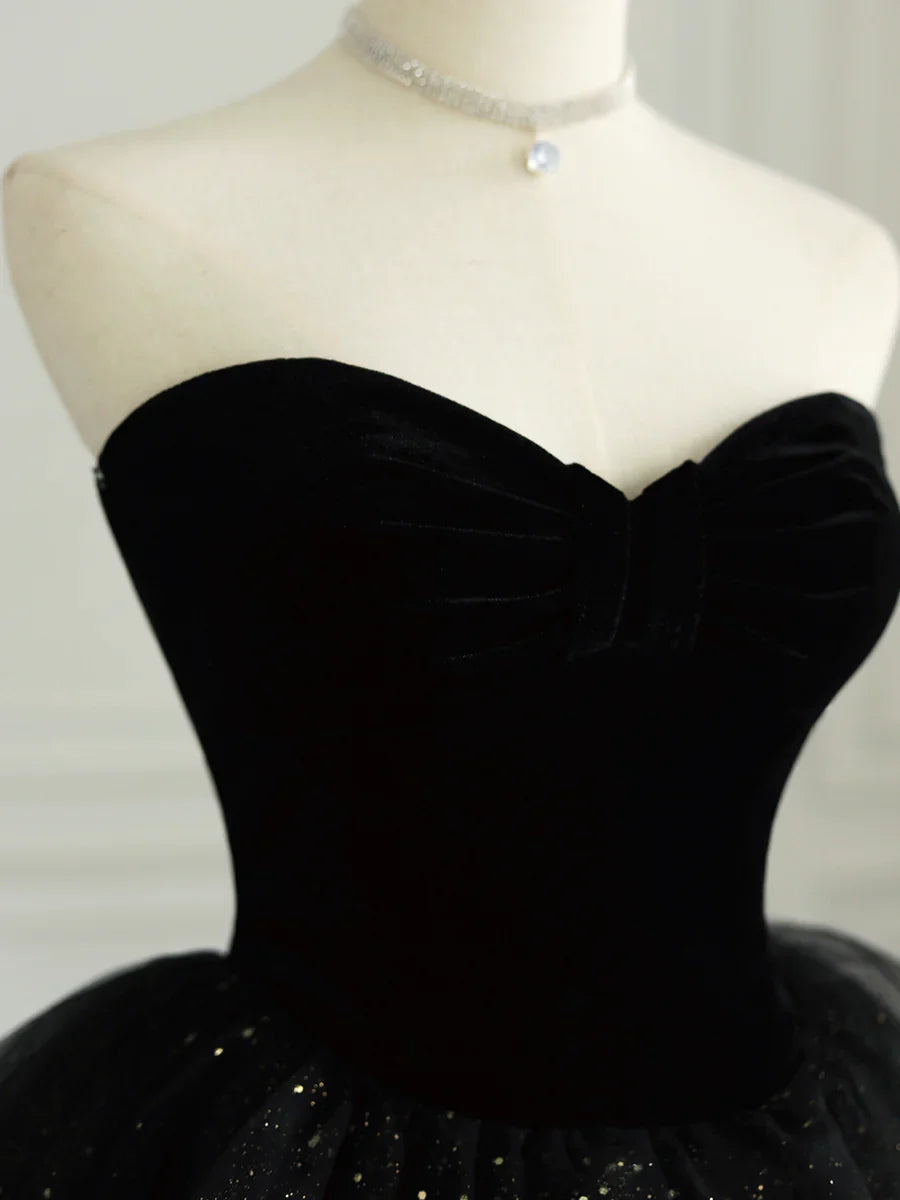 Black Strapless Tulle Formal Dress with Velvet, A-Line Sweetheart Neck Long Prom Dress  TP369