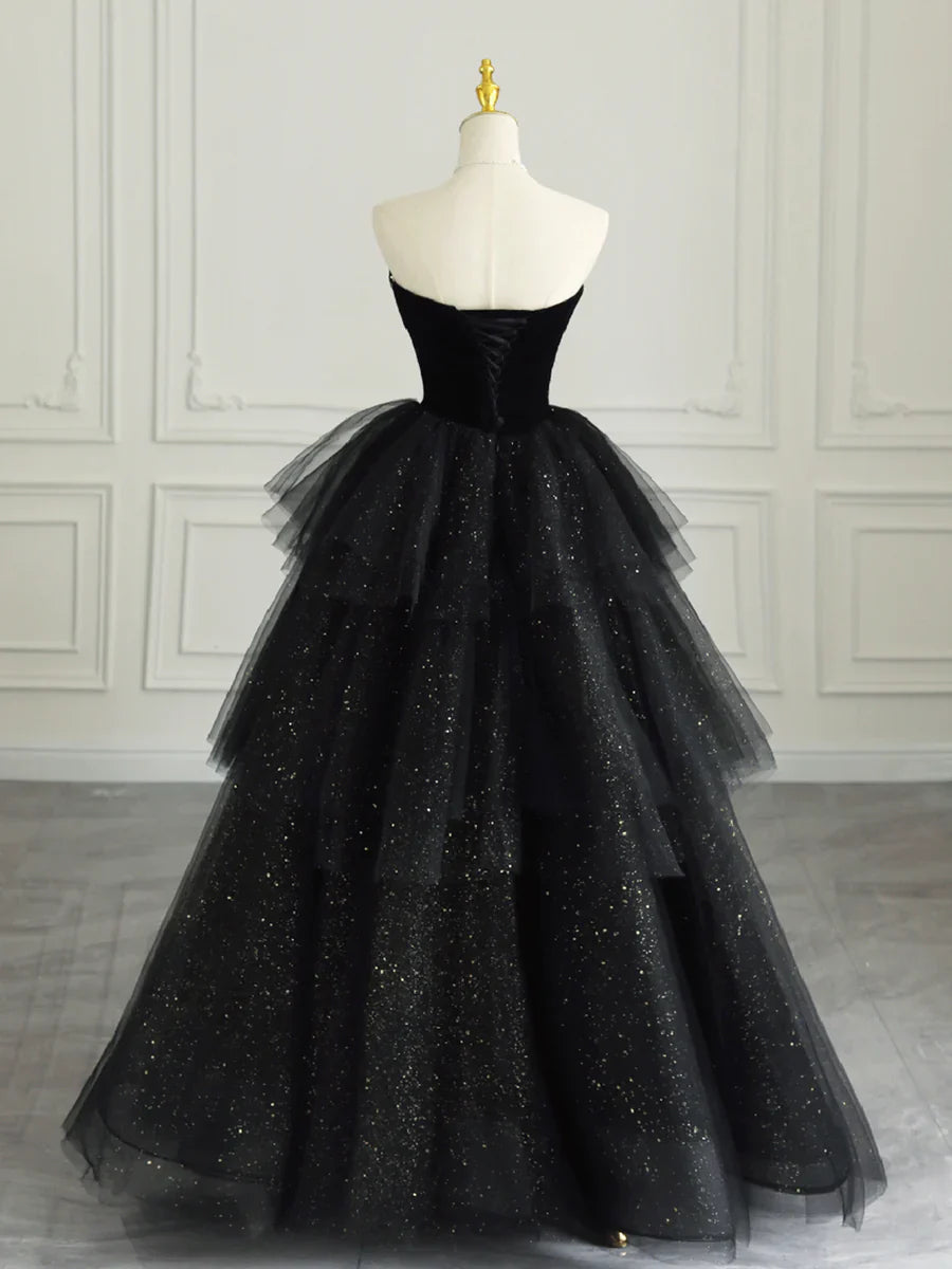 Black Strapless Tulle Formal Dress with Velvet, A-Line Sweetheart Neck Long Prom Dress  TP369