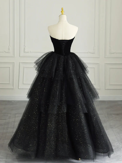 Black Strapless Tulle Formal Dress with Velvet, A-Line Sweetheart Neck Long Prom Dress  TP369