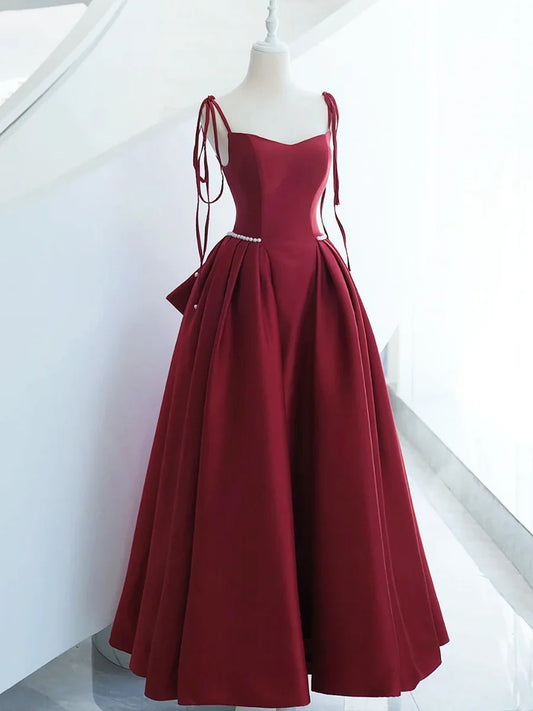 Vestido de fiesta largo de satén burdeos, vestido de noche de corte A con lazo TP373