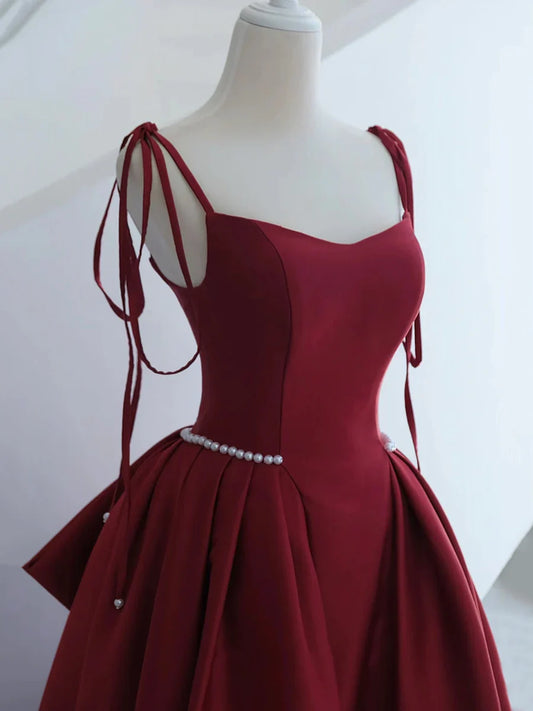 Vestido de fiesta largo de satén burdeos, vestido de noche de corte A con lazo TP373