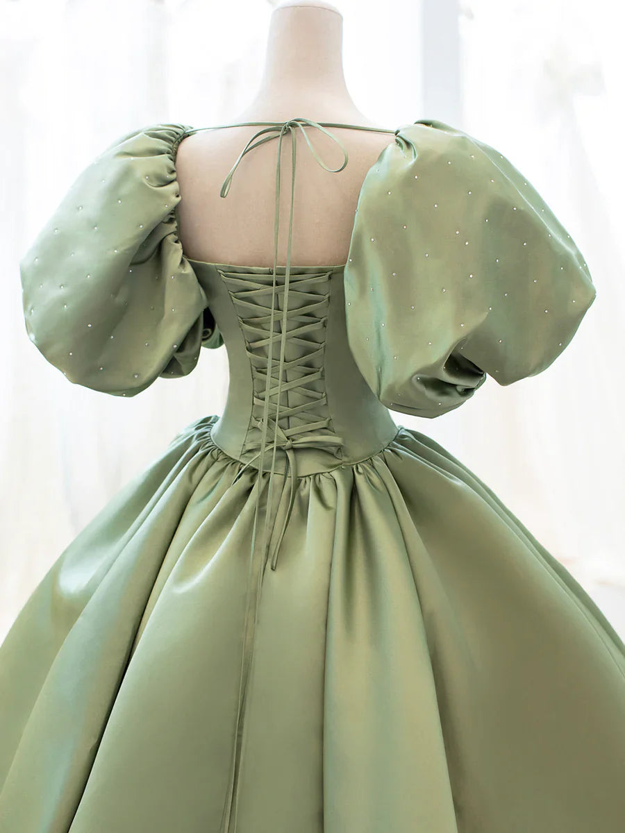 Green Satin Formal Evening Gown with Puff Sleeve, A-Line Long Prom Dress  TP374