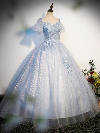 Blue Tulle Lace Long Prom Dress, Shiny A-Line Short Sleeve Evening Dress  TP375
