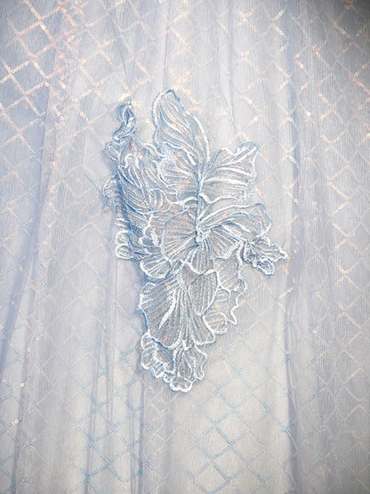Blue Tulle Lace Long Prom Dress, Shiny A-Line Short Sleeve Evening Dress  TP375
