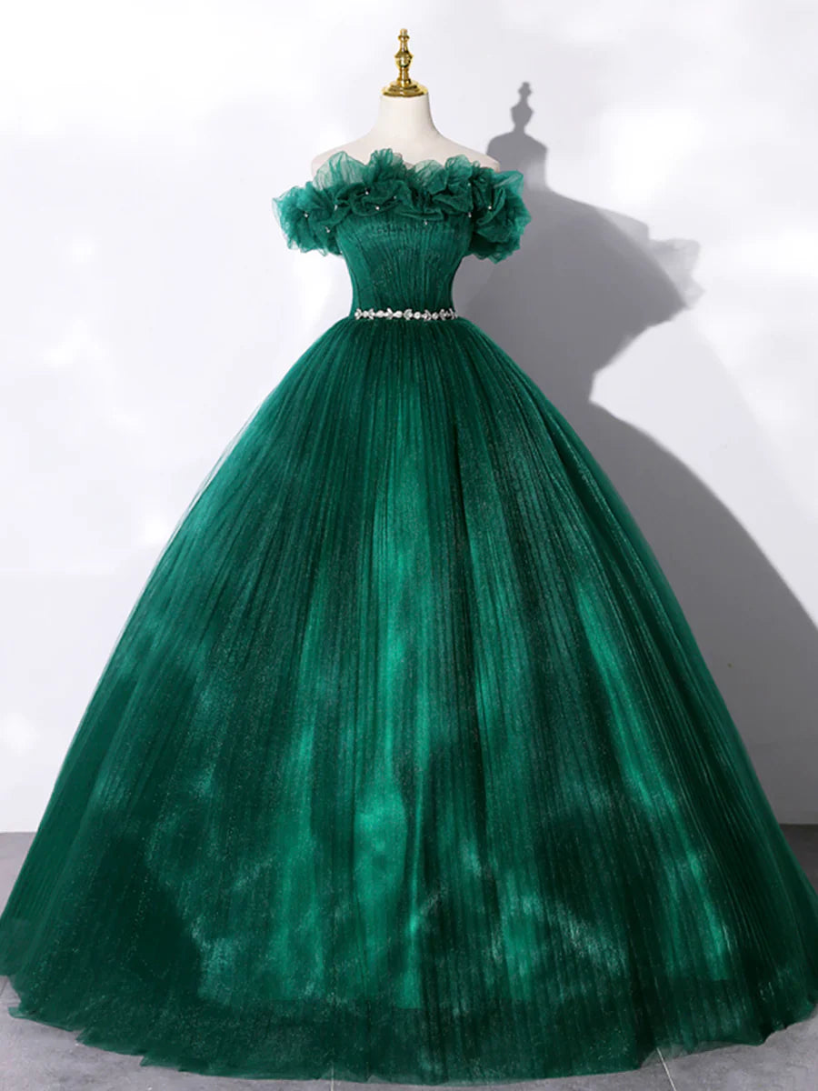 Vestido formal de tul verde con hombros descubiertos, vestido de fiesta largo de corte A TP377