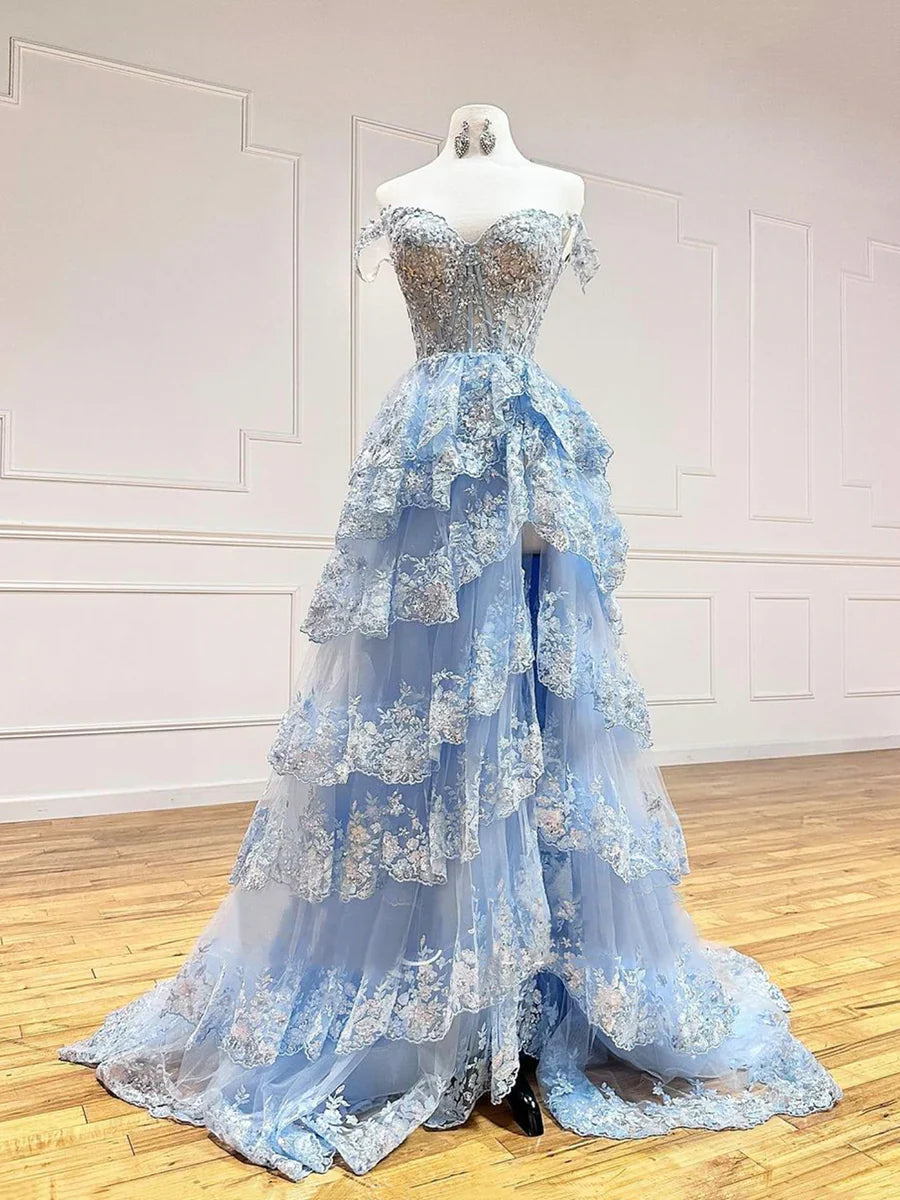 Vestido de fiesta largo de tul azul con lentejuelas, precioso vestido de noche con hombros descubiertos TP379