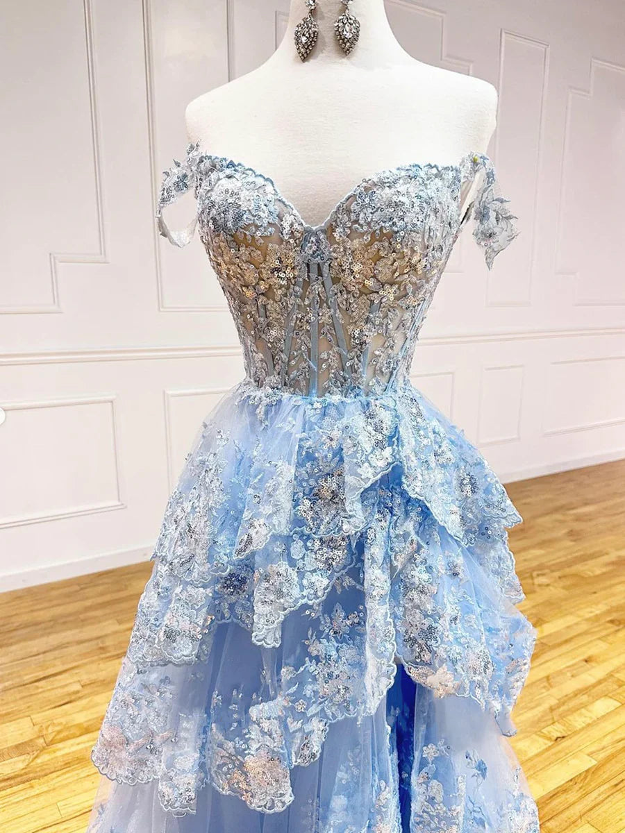Vestido de fiesta largo de tul azul con lentejuelas, precioso vestido de noche con hombros descubiertos TP379