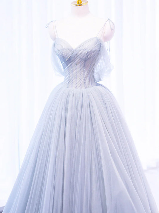 Gray Spaghetti Strap Tulle Long Prom Dress, Gray A-Line Evening Party Dress  TP380