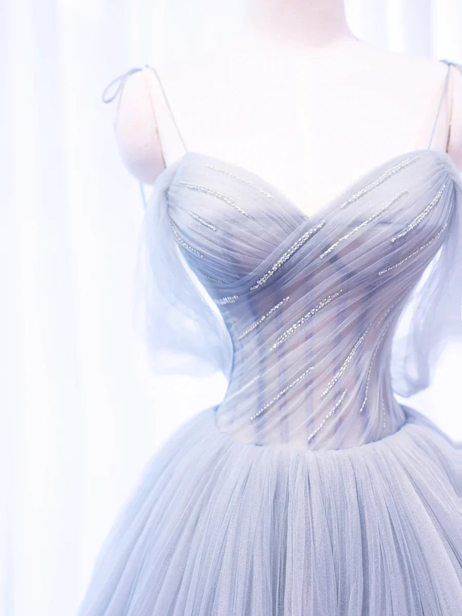 Gray Spaghetti Strap Tulle Long Prom Dress, Gray A-Line Evening Party Dress  TP380