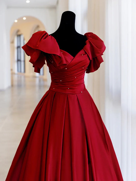 Vestido largo de fiesta de satén burdeos, corte A, TP383